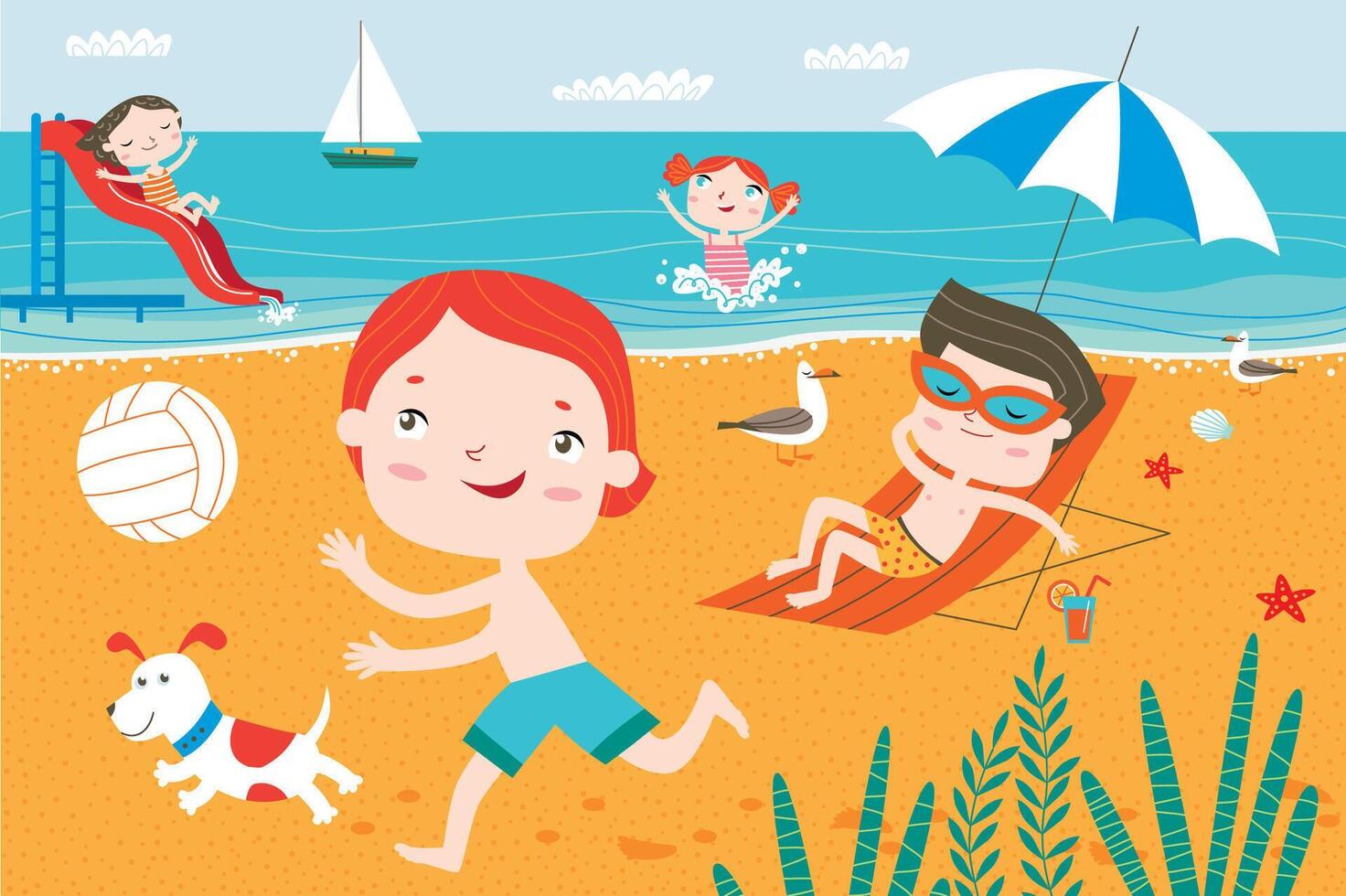 Sunny Beach Scene with Playing Kids Cartoon Summer Landscape Illustration vector