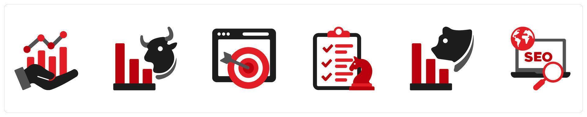 Six Marketing icons in as analytics, bull trend, goals vector