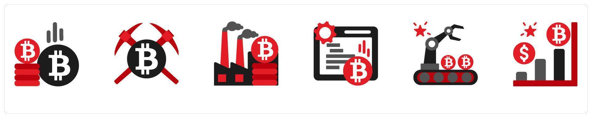 Six business icons in as bitcoin, bitcoin mining, mining factory vector