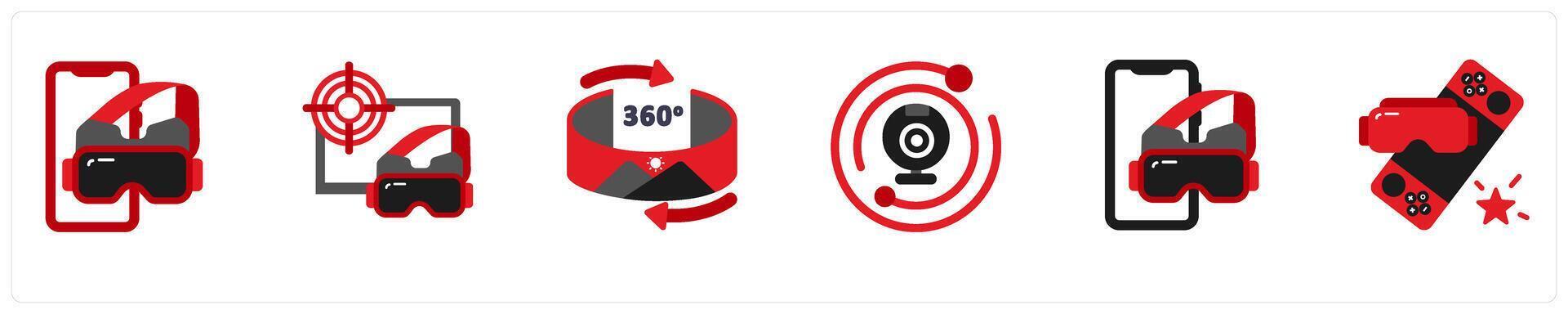 Six technology icons as vr helmet, vr glasses for a pc, 360 degree vector