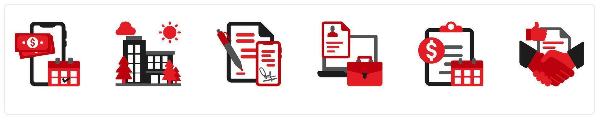 Six business icons as salary, office building, signing contracts vector