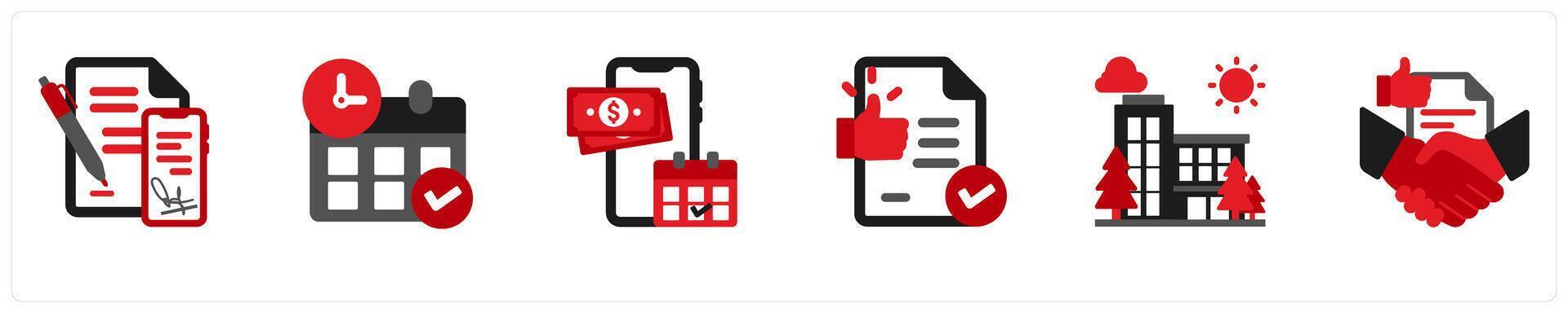 Six business icons as signing contracts, schedule, salary vector