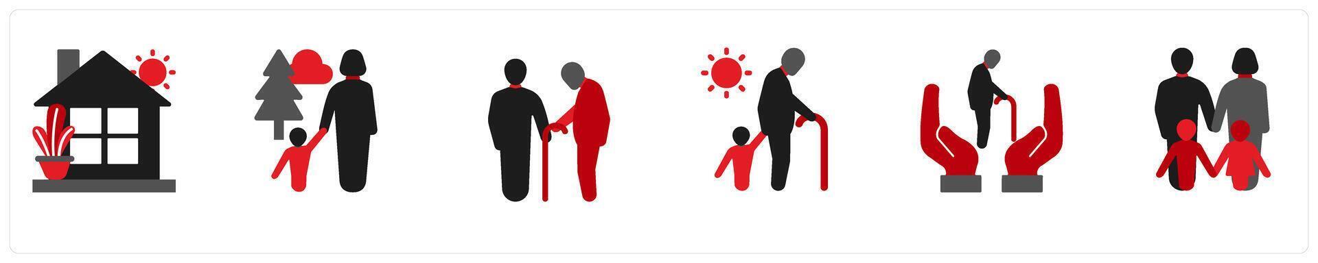 business icons in red and black as home, child, elderly people help vector