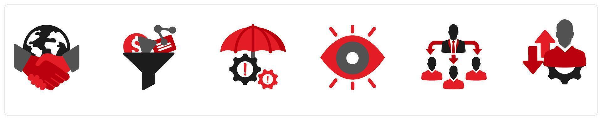 business icons in red and black as international business, content curation, risk management vector