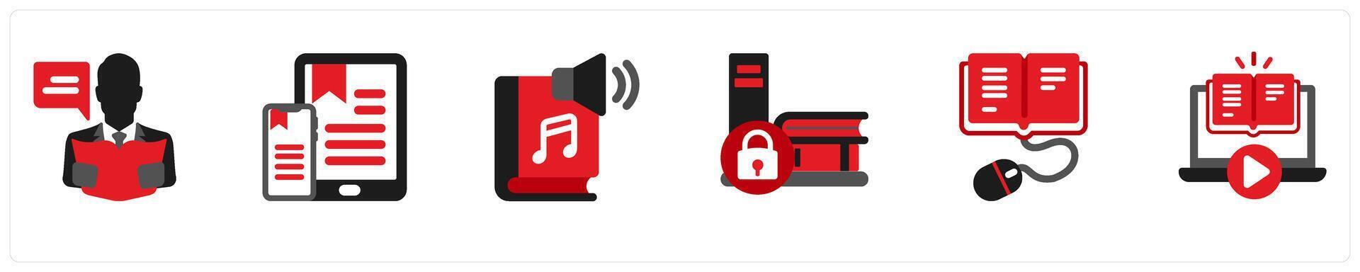 Six education icons in red and black as reader, e book reader vector