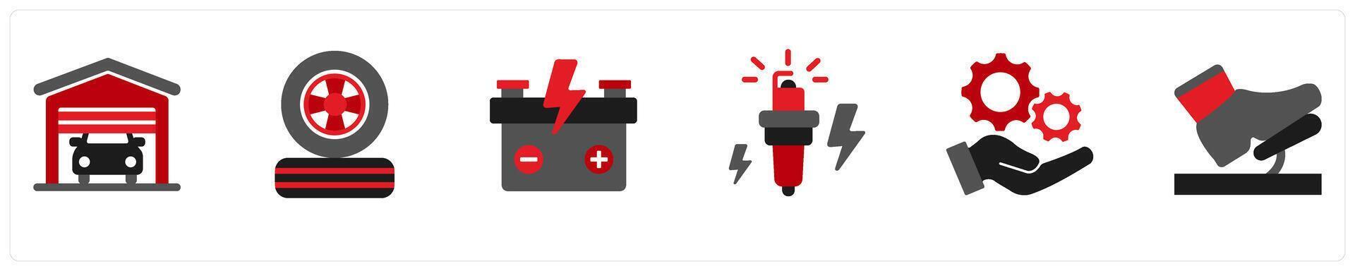 Six technology icons in red and black as garage, tires vector