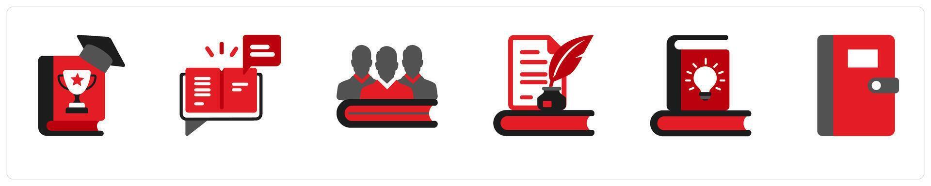 Six business icons in red and black as motivation books, reviews vector