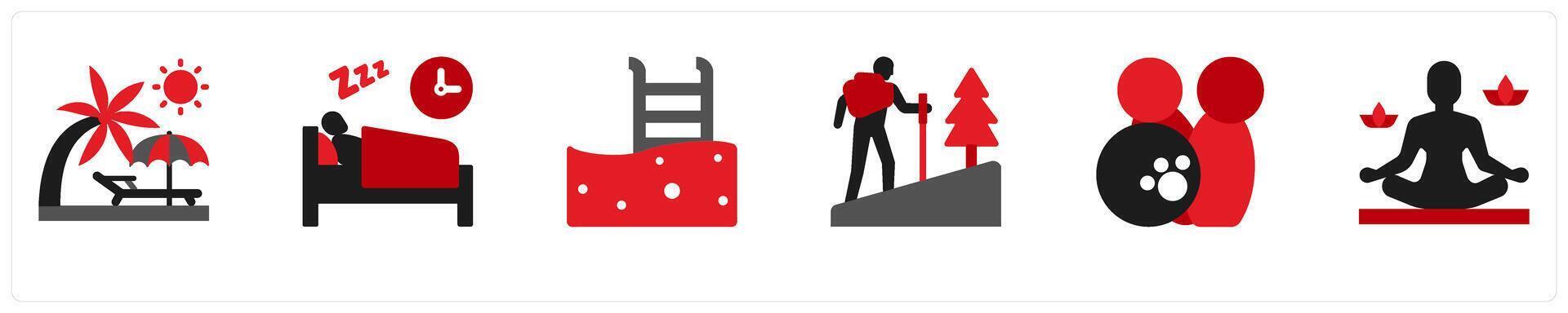 Six vacation icons in red and black as vacation, good sleep vector