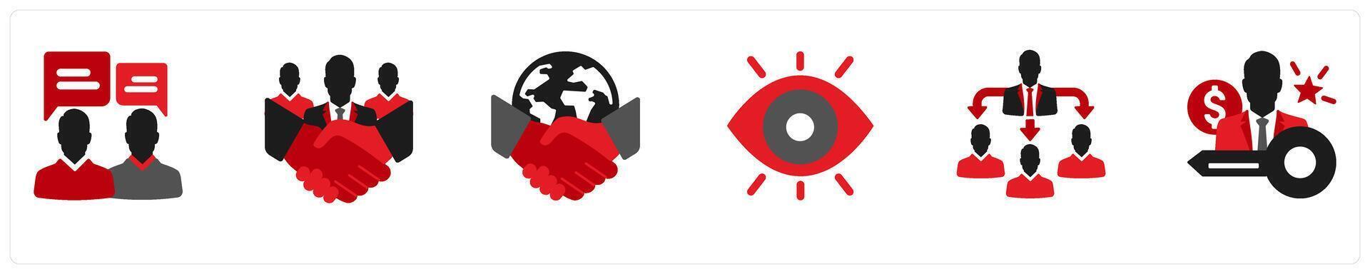 Six business icons in red and black as communication, team building vector