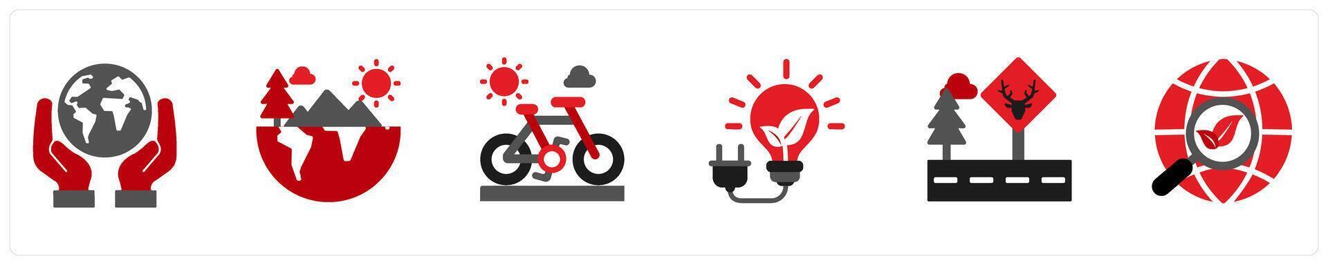 Six ecology icons in red and black as save planet, nature vector