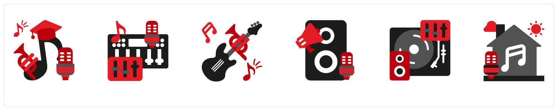 Six music icons in red and black as mastering, sound board, band, vector