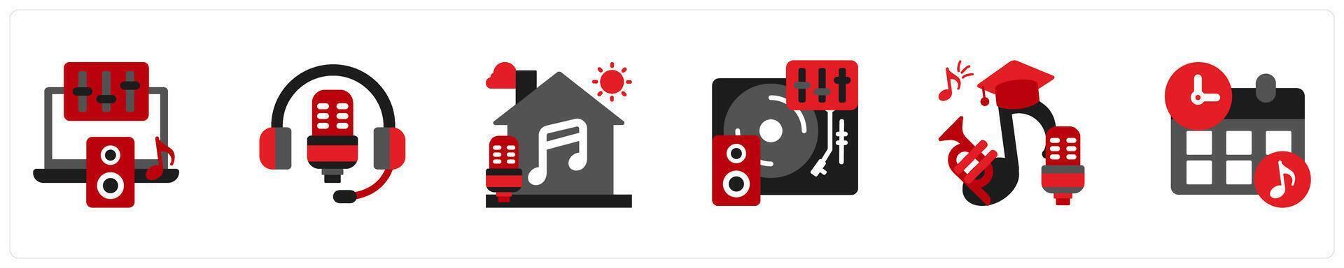 Six music icons in red and black as sound producer, recording, studio vector