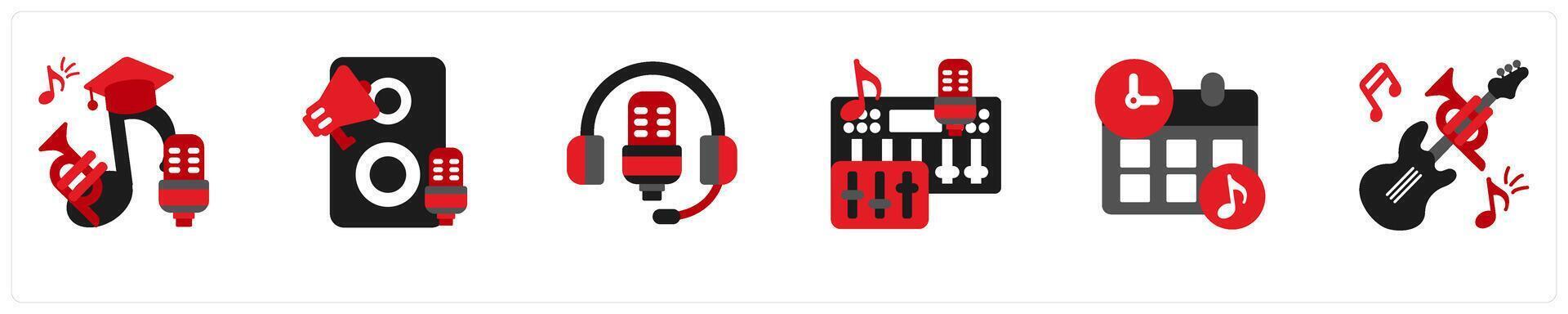 Six music icons in red and black as mastering, equipment, recording vector