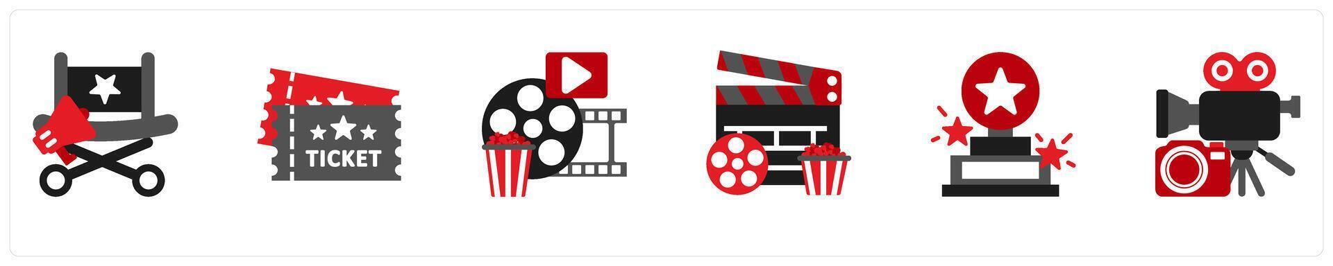 Six cinema icons in red and black as director chair, ticket, film vector