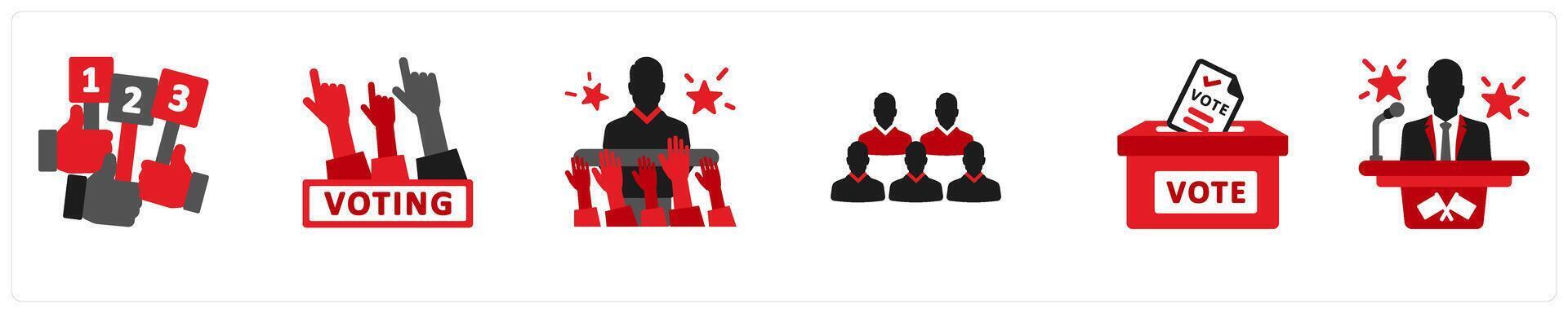 Six election icons in red and black as vote counting, voting, election campaign vector