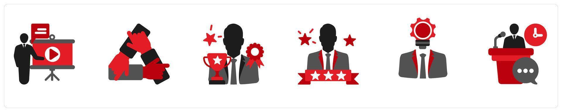 Six business icons in red and black as seminar, team motivation, leader vector