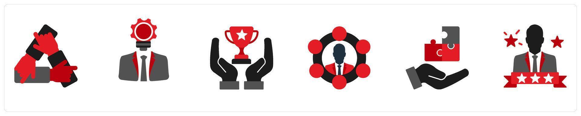 Six business icons in red and black as team motivation, personal development, success vector