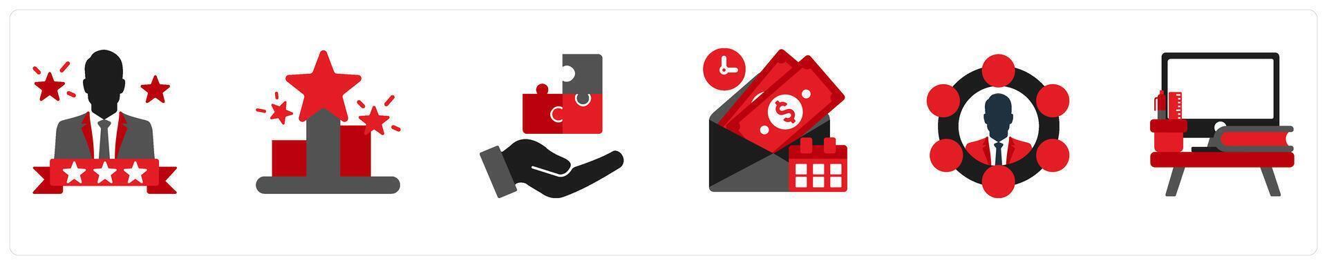 Six business icons in red and black as promotion, abilities, solution vector