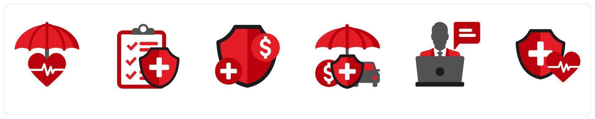 Six insurance icons in red and black as life insurance, health insurance, insurance vector