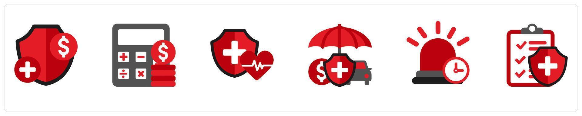 Six insurance icons in red and black as insurance, cost calculator, health insurance vector