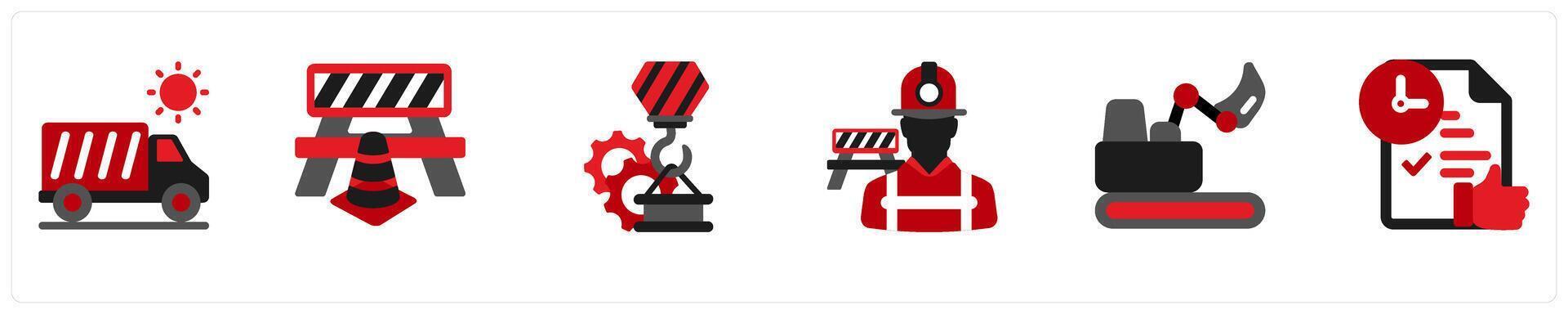 Six construction icons in red and black as truck, construction oversight, crane vector