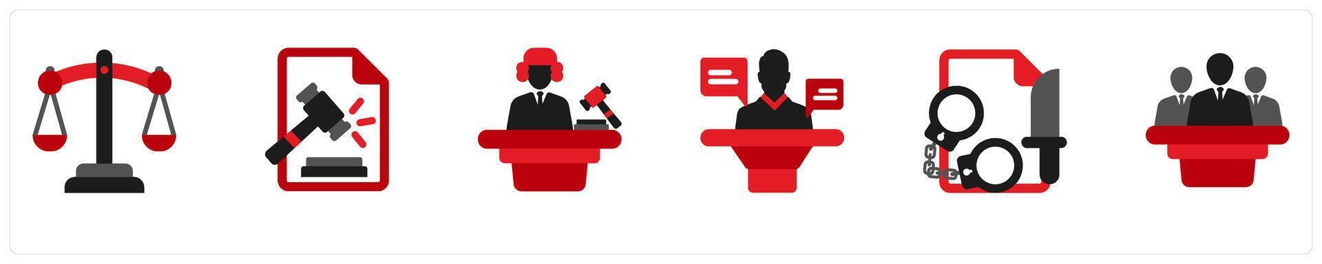 Six justice icons in red and black as court, scale of justice, judge vector