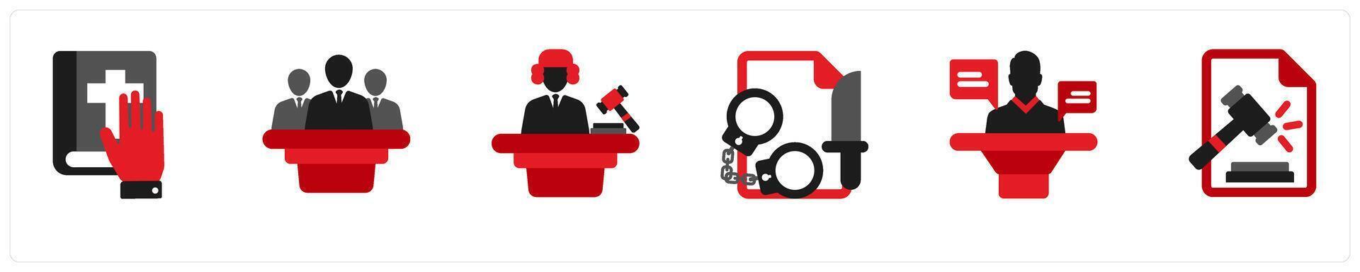 Six justice icons in red and black as book oath, jury, judge vector