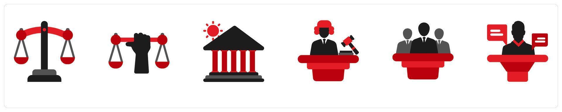 Six justice icons in red and black as scale of justice, justice, court vector