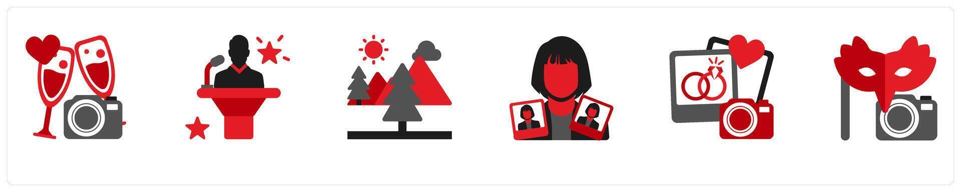 Six photography icons in red and black as love story, candid shooting, landscape photo vector
