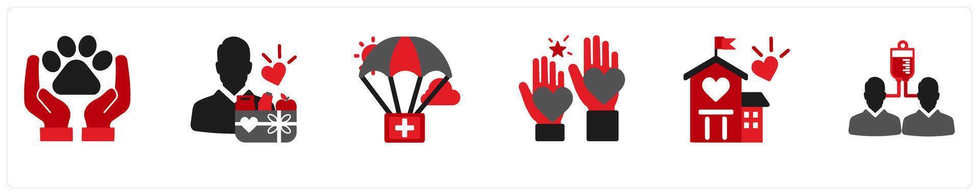 Six donation icons in red and black as animals help, humanitarian assistance, volunteers vector
