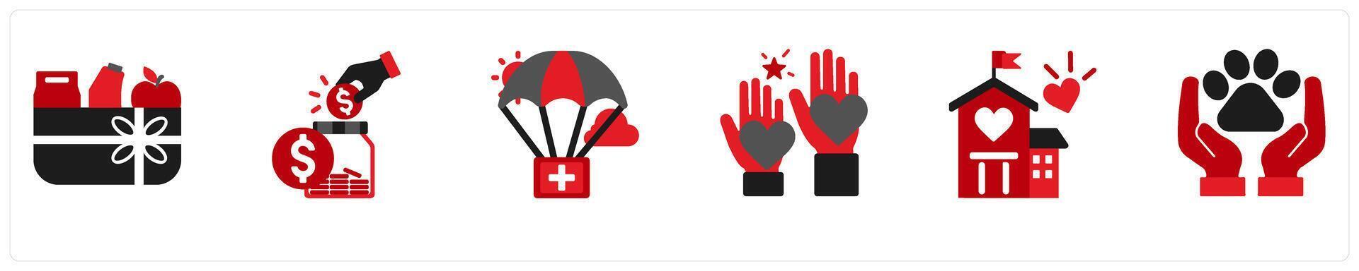 Six donation icons in red and black as food sharing, donation, volunteers vector