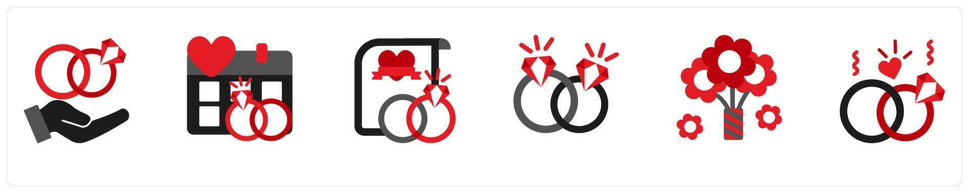 Six party icons in red and black as enagement, save the date, wedding vows vector