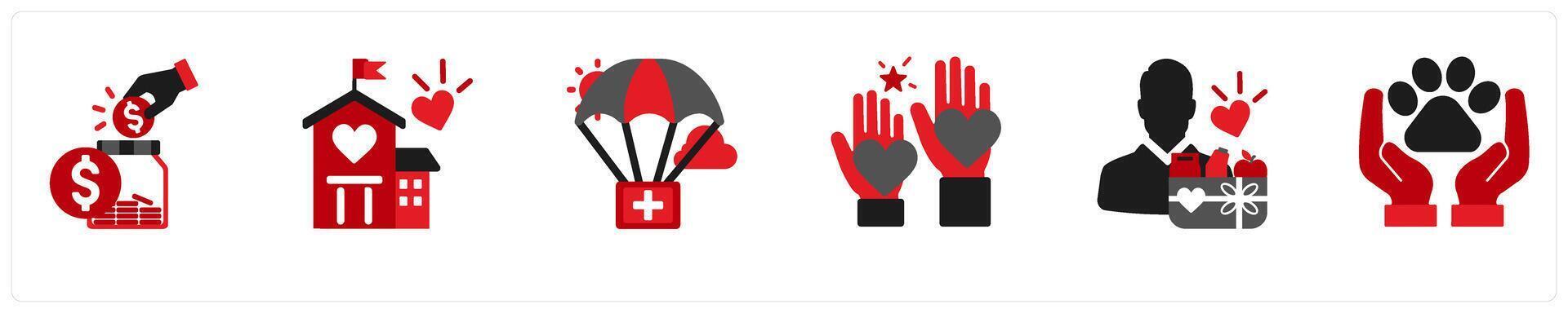 Six donation icons in red and black as donation, volunteer center, volunteers vector