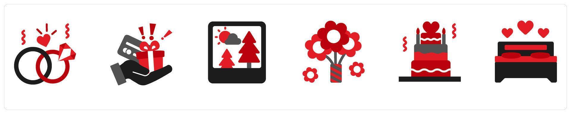 Six party icons in red and black as groom and bride, presents, photos vector