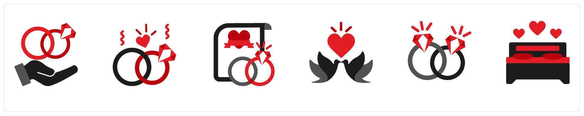 Six party icons in red and black as engagement, groom and bride, wedding vows vector