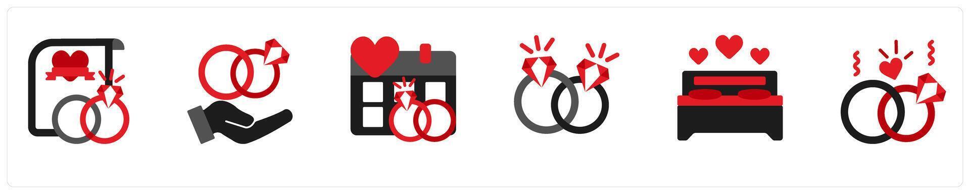Six party icons in red and black as wedding vows, engagement, save the date vector