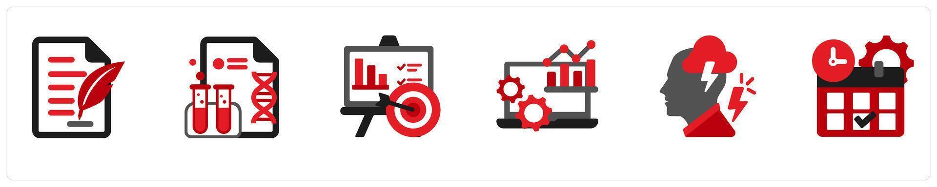 Six business icons in red and black as contract, research work, project task vector
