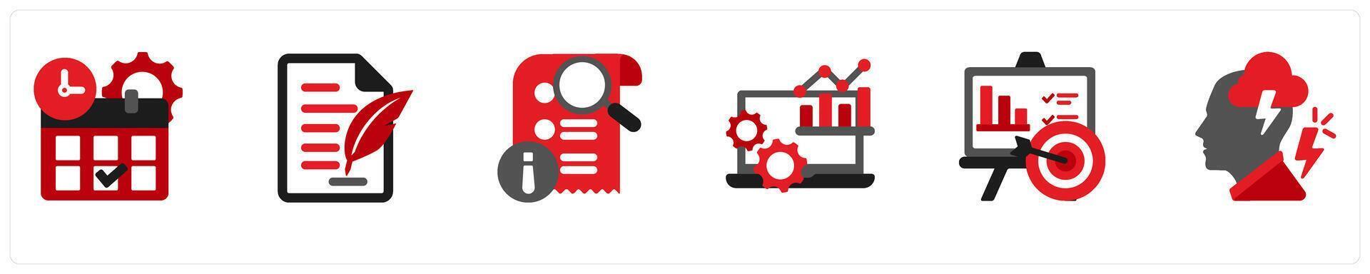 Six business icons in red and black as planning, contract, details vector