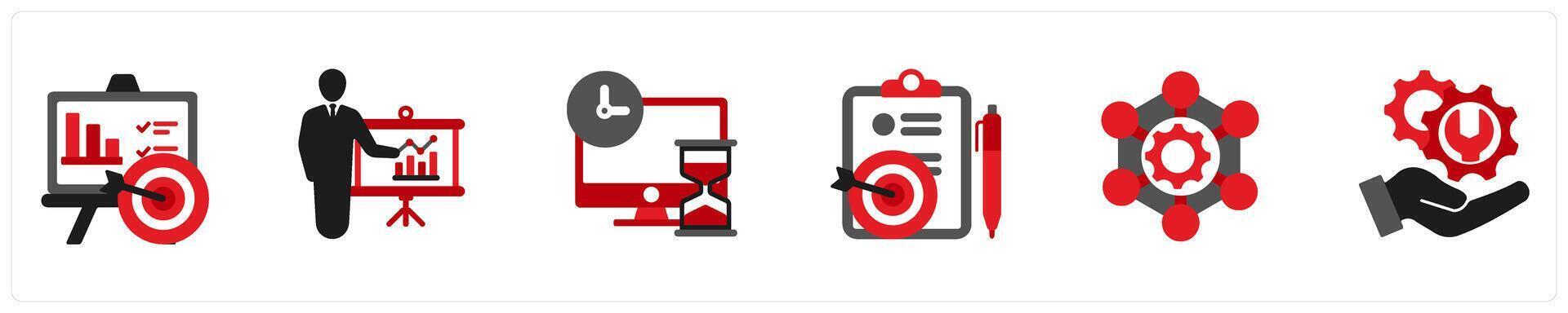 Six business icons in red and black as project task, project presentation, deadline vector