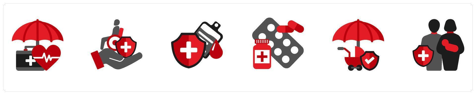 Six finance icons in red and black as emergency fund, savings, analytics vector