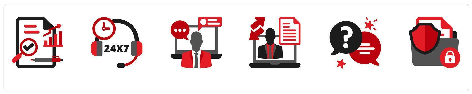 Six medical icons in red and black as analysis result, 24x7 Service, online chatting vector