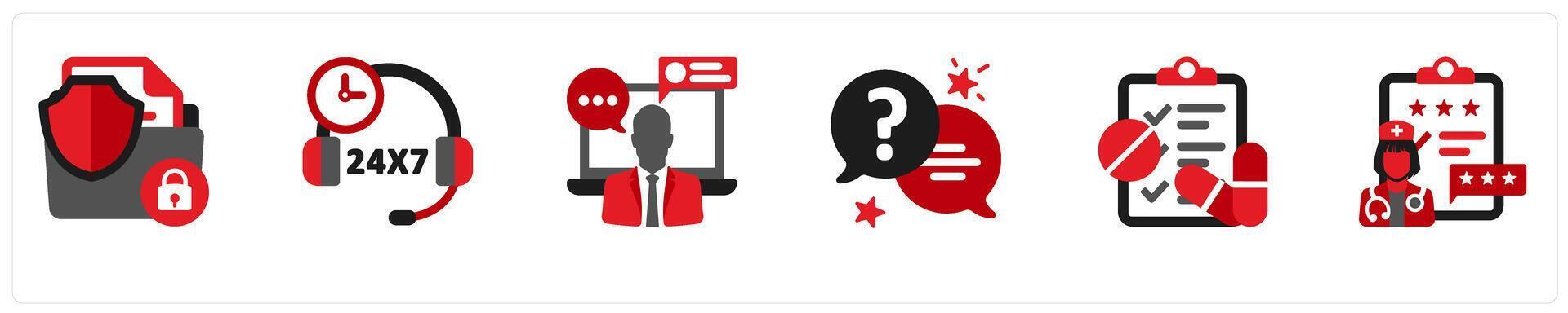 Six medical icons in red and black as confidentiality, 24x7 service, online chatting, vector