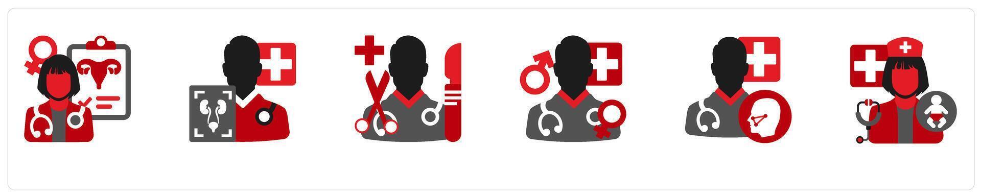 Six medical icons in red and black as gynecologist, urologist, physician vector
