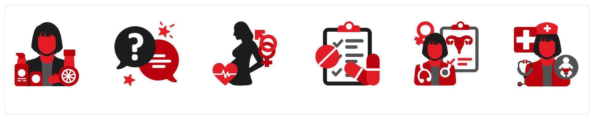 Six medical icons in red and black as cosmetician, ask a question, gynecologic problem vector