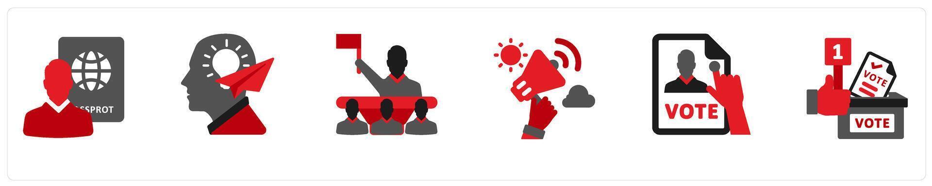 Six political icons in red and black as nationality, freedom of thought, right to assemble vector