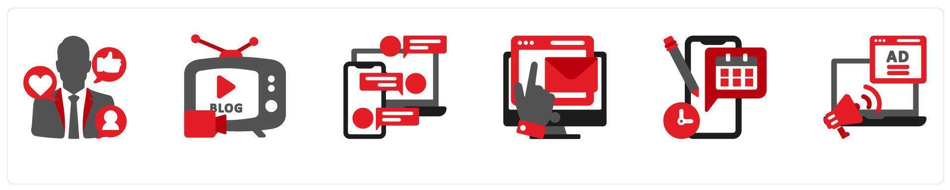Six social icons in red and black as influencer, blog, live chat vector