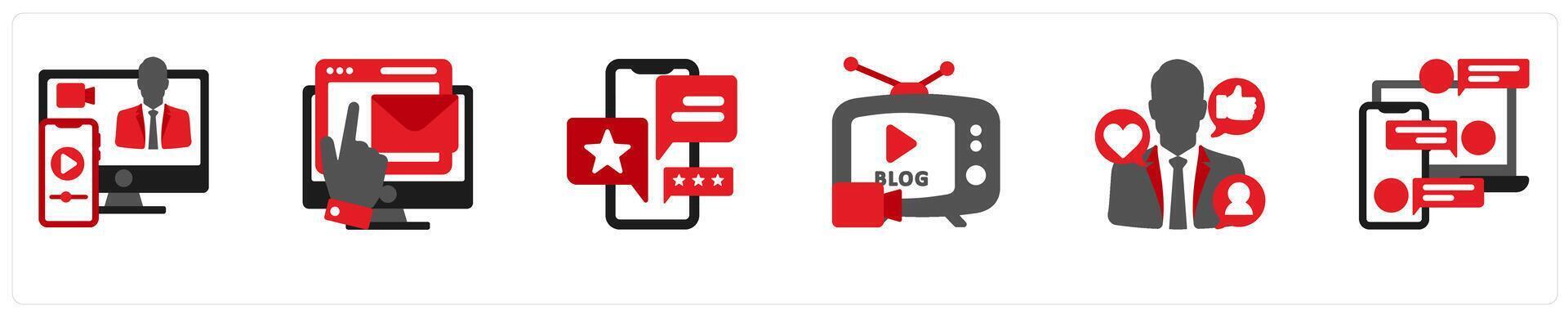 Six social icons in red and black as live streaming, subscribers, reviews vector