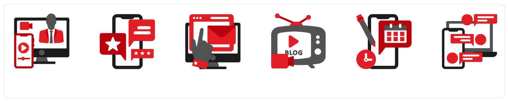 Six social icons in red and black as live streaming, reviews, subscribers vector