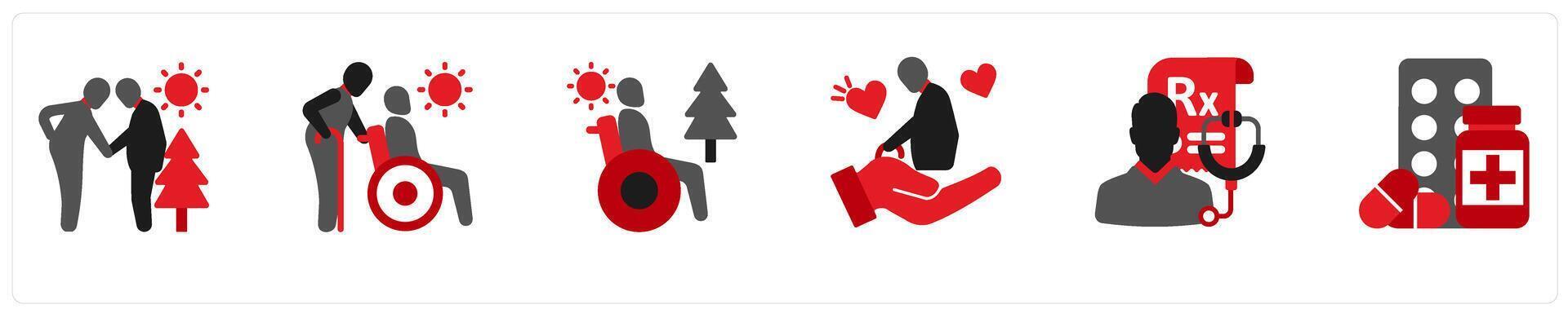 Six medical icons in red and black as age, senior people, disability vector
