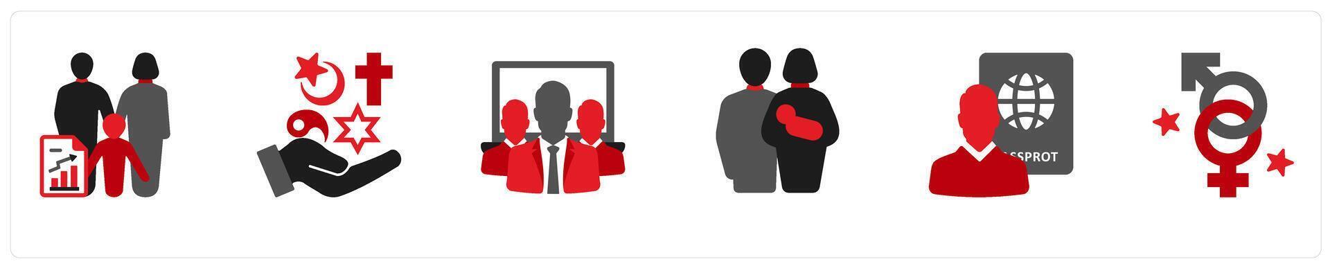 Six gender icons in red and black as family status, religion, social class vector